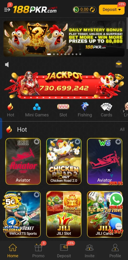188PKR is a Pakistani gaming app offering slots, card games, fishing games, mini games, live dealer sections, and sports betting content. Users can complete 188PKR register with a phone number and password, then use 188PKR login to access deposits through JazzCash, Easypaisa, or Bank Transfer, along with the platform's invitation and deposit bonus offers.
